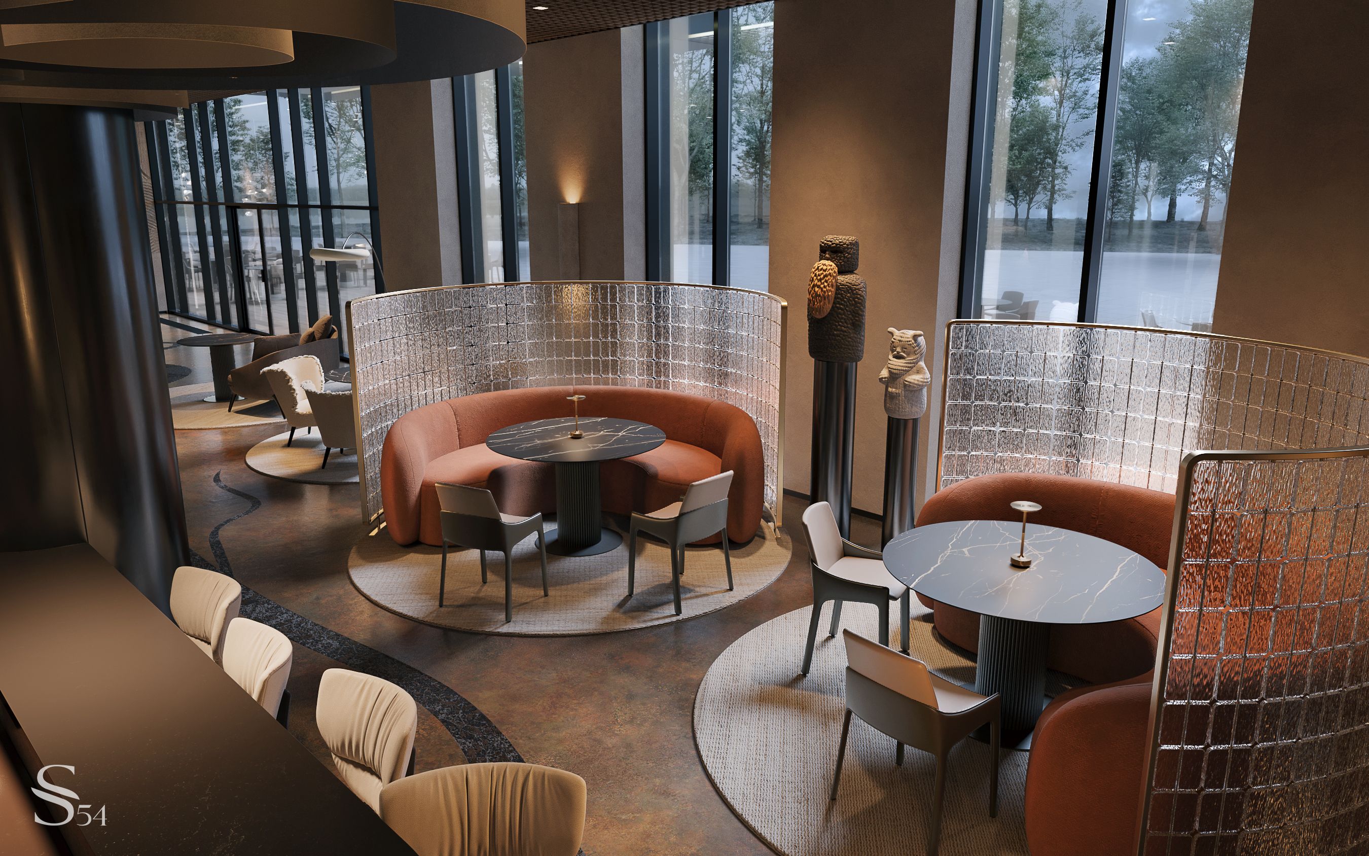 Дизайн интерьера luxury ресторана в оттенке Mocha Mousse от Studia 54