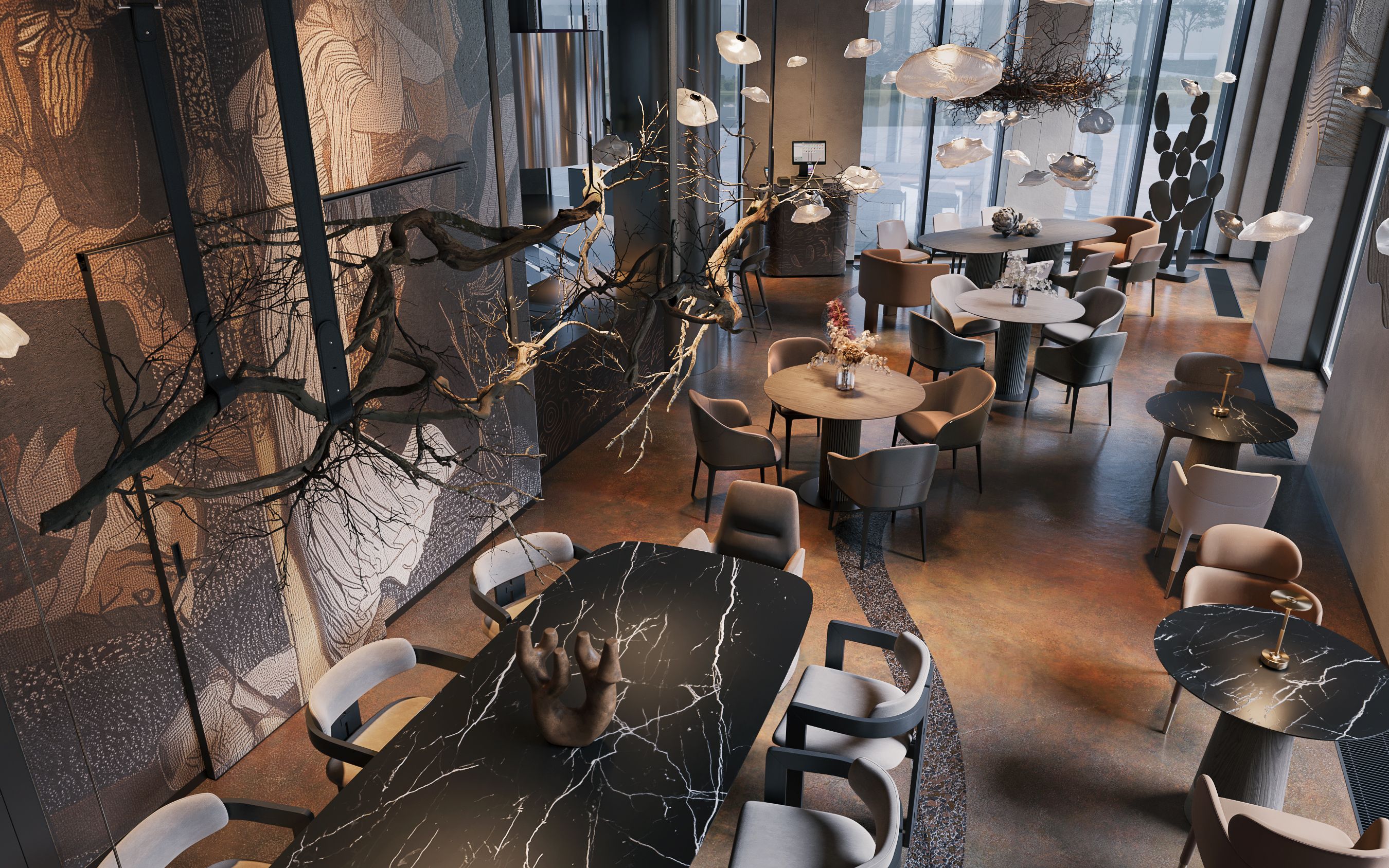 Дизайн интерьера luxury ресторана в оттенке Mocha Mousse от Studia 54