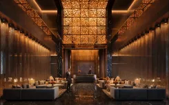 Interior of a premium hotel with a grand installation in Tokyo